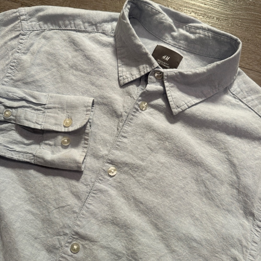 H&M Shirt Mens Small Blue Solid Linen Cotton Casual Button Regular Fit Minimal